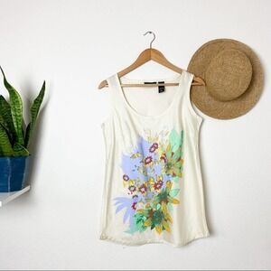 New York & Company Cream Floral Tank Top S Small